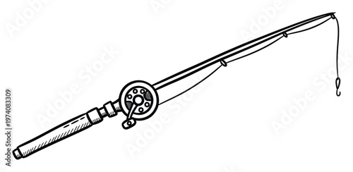 Simple handdrawn fishing rod with a classic reel and dangling hook, perfect for outdoor hobby content, angling enthusiast blogs, or recreational activity promotions