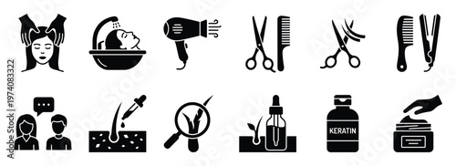 Hair care and hairdressing service icons collection depicting scalp massage, washing, drying, cutting, styling tools, treatment products, and hair growth solutions, suitable for salon apps,