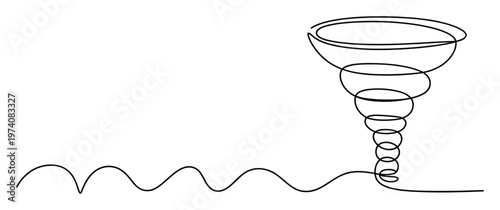 Dynamic swirling vortex shape created with a single continuous black line evolving from a wavy path, perfect for technology presentations, scientific explanations, or minimal graphic