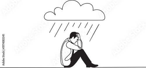 businessman feeling sad and depression sitting under rain and cloud. Unhappy depressed loneliness sad worker in stress with problem. one line art icon drawing vector