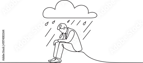 businessman feeling sad and depression sitting under rain and cloud. Unhappy depressed loneliness sad worker in stress with problem. one line art icon drawing vector