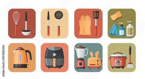 Collection of kitchen tools and appliances in a flat colorful design