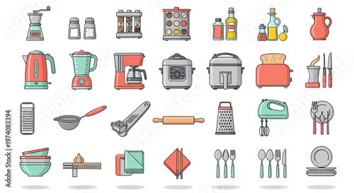Collection of kitchen tools and appliances in colorful vector illustration