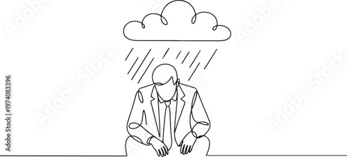 businessman feeling sad and depression sitting under rain and cloud. Unhappy depressed loneliness sad worker in stress with problem. one line art icon drawing vector