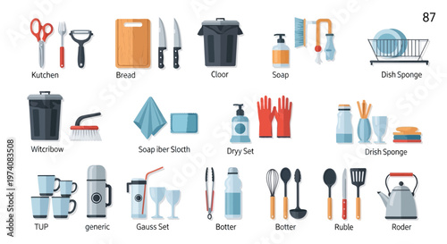 Collection of kitchen tools and cleaning supplies isolated on white