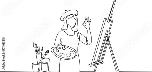 female painter stands with gesture okay using hat and painting tools to produce artwork in his workshop studio. one line art icon drawing vector