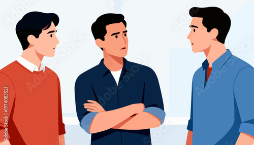 Three men stand in a plain, modern room. One looks skeptical, arms crossed. Another glances sideways, suggesting disagreement. The third faces him, as if explaining something