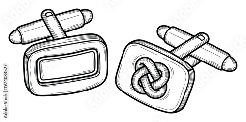 Detailed line drawing of two elegant cufflinks, one with a plain rectangular face and one featuring an intricate Celtic knot design, ideal for menswear and formal accessories.