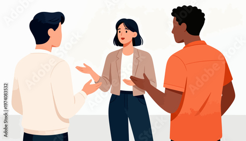 Three people engage in a lively conversation. One gestures while speaking, showing enthusiasm. Another listens attentively, leaning in. Third adds input, hands open in agreement