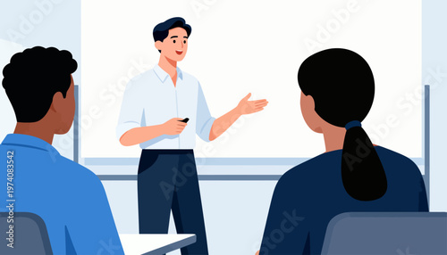 Man presents ideas to attentive audience. He gestures with open hands, showing enthusiasm. Focus on speaker, engaged in learning. Ideal for business, education, or training presentations
