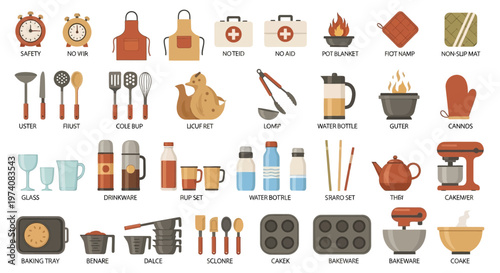 Collection of kitchen tools and cooking utensils with various equipment