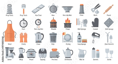 Collection of kitchen tools and equipment illustrations on white background
