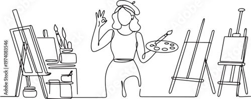 female painter stands with gesture okay using hat and painting tools to produce artwork in his workshop studio. one line art icon drawing vector