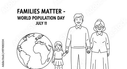 Black and white line art illustration of a diverse family standing next to a globe representing World Population Day.