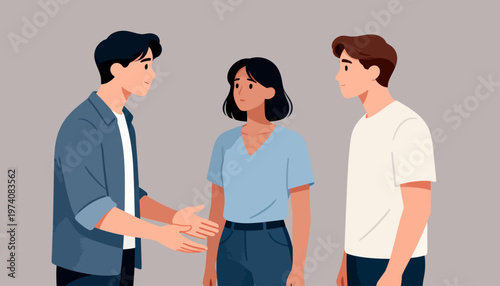 Three people in a casual conversation. One gestures with open hands, showing engagement. The woman in center listens attentively, slightly forward. The man on right observes, standing calmly