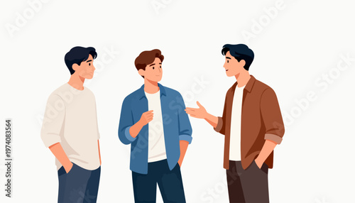 Three men converse in a casual, friendly setting. One gestures while speaking, showing active engagement. Another listens attentively, leaning slightly forward. The third stands relaxed