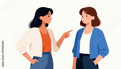 Two women stand facing each other. One points at the other with a serious expression. The second smiles warmly, appearing calm and receptive. Their body language suggests a friendly