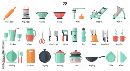 Collection of kitchen tools and equipment illustrations on white background