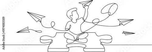 boy playing with airplanes in the middle of a large puzzle piece. Complexity of mind content. one line art icon drawing vector