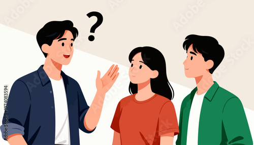 Three people stand together. Man gestures, puzzled, with a question mark above his head. Woman looks toward him, attentive and curious. Another man observes, smiling warmly
