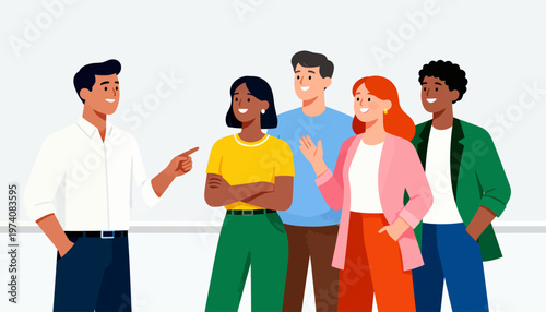 Five diverse people stand together, smiling warmly. One points toward a shared idea, engaging the group. Their expressions show trust and collaboration. Perfect for team meetings, workplace harmony