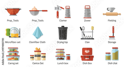 Collection of kitchen tools and food storage containers in a flat vector design
