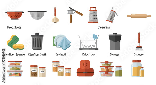 Collection of kitchen tools and food storage containers isolated on white