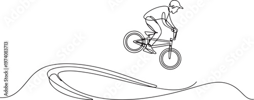 Single continuous line drawing teenager BMX racing rider performs tricks in skate park on pump track. Extreme sport, dynamic, hobby, freestyle. one line art icon drawing vector