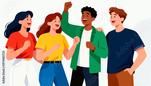 Four friends cheer together with joyful expressions. One raises a fist, showing excitement and unity. All smile, sharing happiness and camaraderie