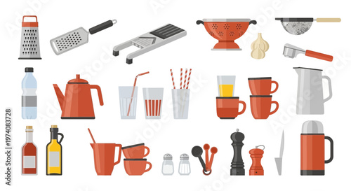 Collection of kitchen tools and food preparation elements isolated on white