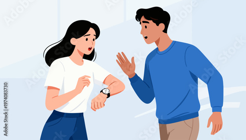 Woman checks watch, startled by man's gesture. Man raises hand, seeming to explain or apologize. Soft colors, clean lines, modern photo style. Scene suggests time-related misunderstanding or surprise