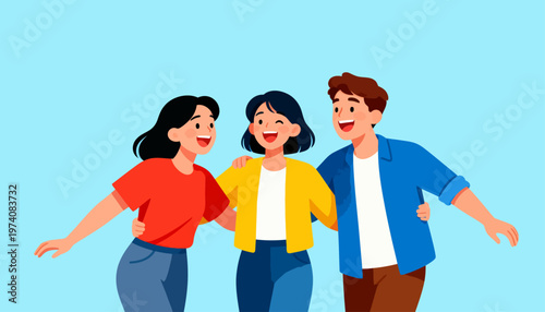 Three friends laugh together, arms around each other. They smile brightly, showing joy and connection. Simple cartoon style with soft pastel tones. Perfect for social, team, or friendship themes