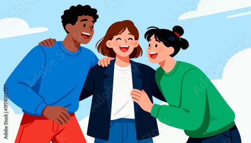 Three friends laugh together under a bright sky. Their joy radiates from shared happiness. Arm around shoulder, hand on hip. Friendly vibe, perfect for social moments. Ideal for team, family