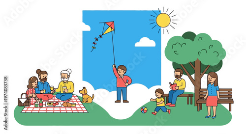 Family enjoys a sunny day at the park with a picnic and kite flying