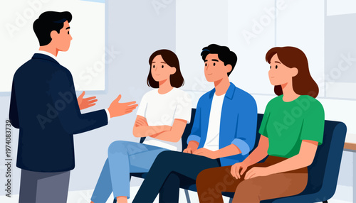Man speaks to seated group in casual meeting setting. Attendees listen attentively, showing interest and engagement. Scene implies collaborative discussion or group consultation