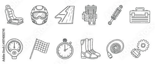 Collection of racing and automotive icons featuring helmet, engine, shock absorber, toolbox, flag, stopwatch, and gears for motorsport enthusiasts and vehicle maintenance projects