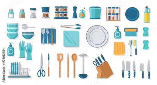 Collection of kitchen tools and supplies isolated on a white background