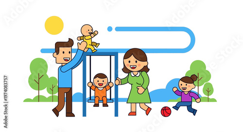A loving family enjoying outdoor activities and quality time together with children playing at a park with a swing and ball