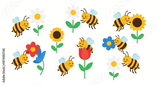 Charming cartoon bees cheerfully interacting with a variety of colorful flowers, a vibrant vector illustration of spring and nature