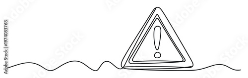 Continuous line drawing of a minimalist triangular warning sign with an exclamation mark, symbolizing caution, danger, and important alerts for graphic design projects and safety