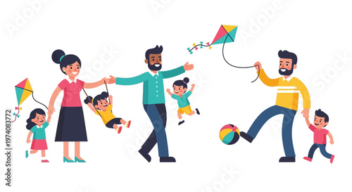 Joyful Family Fun Parents and Children Enjoying Outdoor Activities with Kites and Soccer