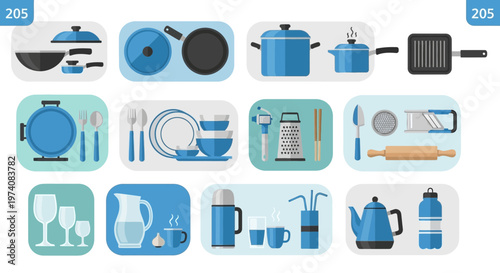 Collection of kitchen tools and tableware illustrations in a flat design style