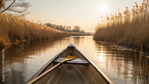 Serene Canoe Journey Through Tranquil River at Dawn Light