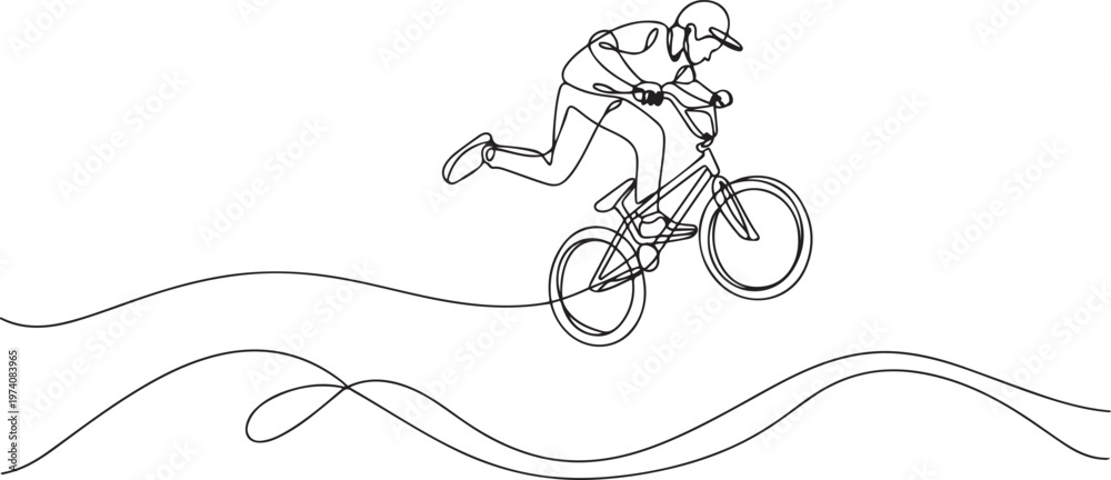 Naklejka premium Single continuous line drawing teenager BMX racing rider performs tricks in skate park on pump track. Extreme sport, dynamic, hobby, freestyle. one line art icon drawing vector
