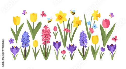 Vibrant Springtime Floral Display with Colorful Tulips, Daffodils, Hyacinths, and Crocuses Adorned by Playful Butterflies and Buzzing Bees