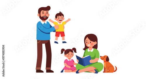 Joyful family moments depicting parents spending quality time with their happy children and beloved pet dog, fostering love and learning through reading