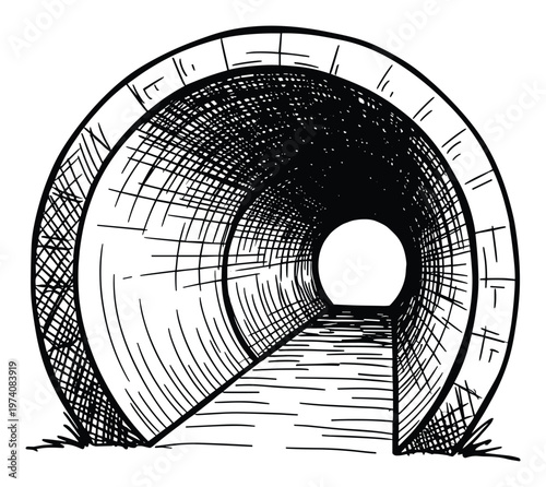 Hand drawn sketch of a long circular tunnel or pipe leading towards a bright light for abstract concepts like hope, future, or a passage to new beginnings