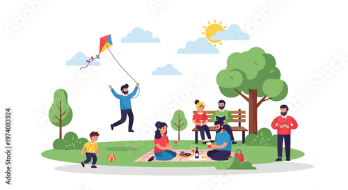 Happy family enjoying a sunny day with a kite flying and a picnic in the park