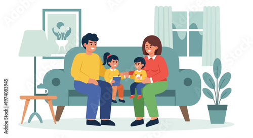 A heartwarming moment of a happy family sharing quality time together on the sofa in their cozy living room, fostering connection and joy