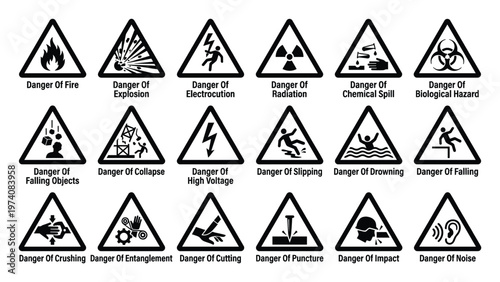Extensive collection of universal hazard warning signs and danger symbols featuring various risks for industrial, construction, and workplace safety applications and educational materials.